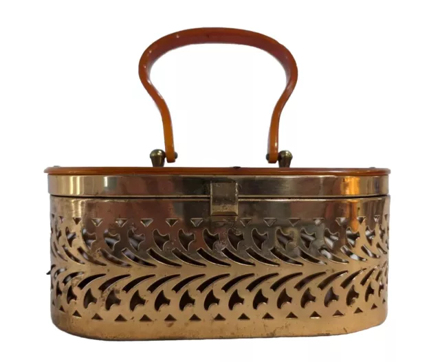 Vintage 1950's Bakelite Brass Metal Filigree Cutout Box Purse Handbag Art Deco 2