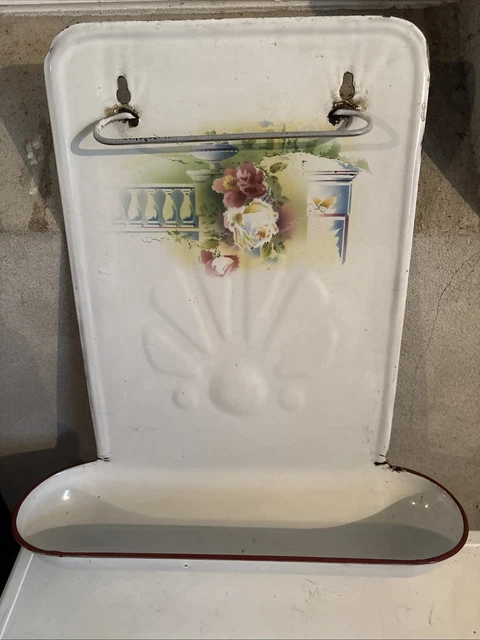Porte-ustensile De Cuisine Ancien – Tôle émaillée Blanche à Motif Floral, Vintage