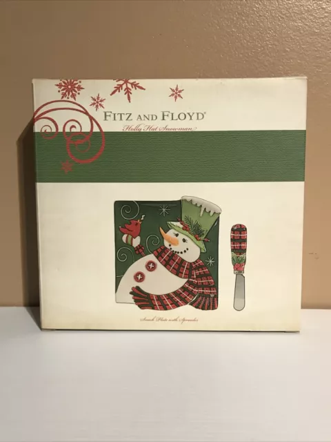 Fitz and Floyd Holly Hat Snowman Christmas Snack Plate and Spreader