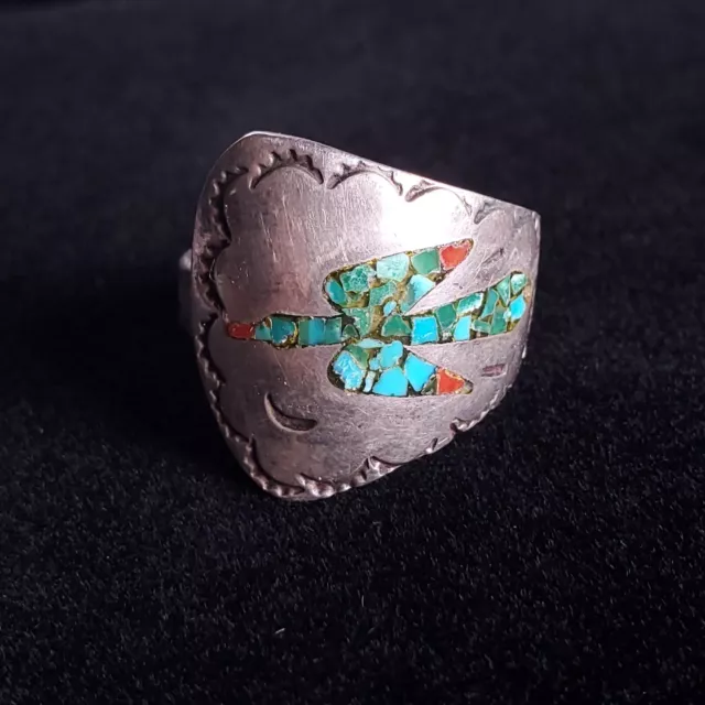 Vintage Native American ring Turquoise Coral Chip Inlay Peyote Bird signed