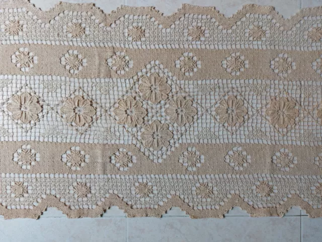 Antique Beautiful Handmade Italian FILET NET LACE Tablecoth Runner Unique Beige