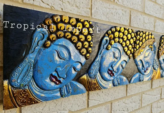 Hand carved Balinese Buddha infinite faces wall sculpture blue/gold on black
