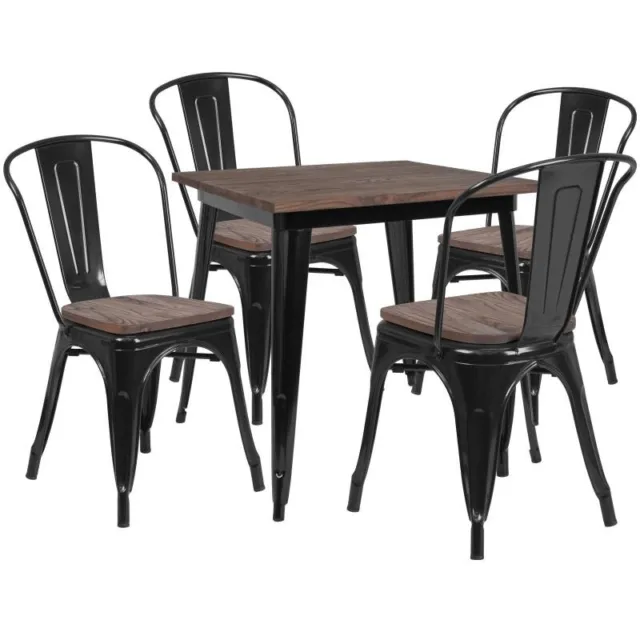 31.5" Square Black Metal Restaurant Table Set with Walnut Wood Top and 4 Chairs