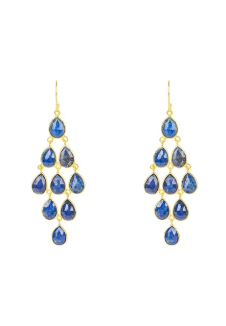 Gemstone Cascade Earrings Gold Lapis Lazuli Dark Blue Dangle Statement Hook 925