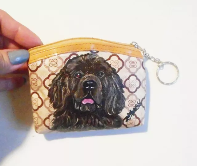 Brown Newfoundland dog Coin Change Purse with Key Chain Hand Painted
