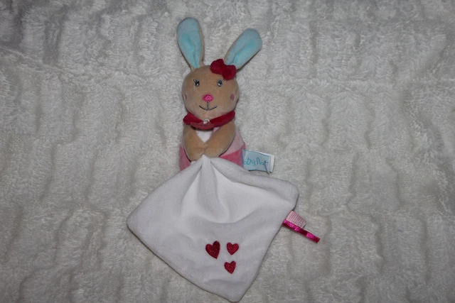 Doudou Babynat Baby Nat Lapin Perle Rose Bleu Mouchoir Blanc Coeur Neuf