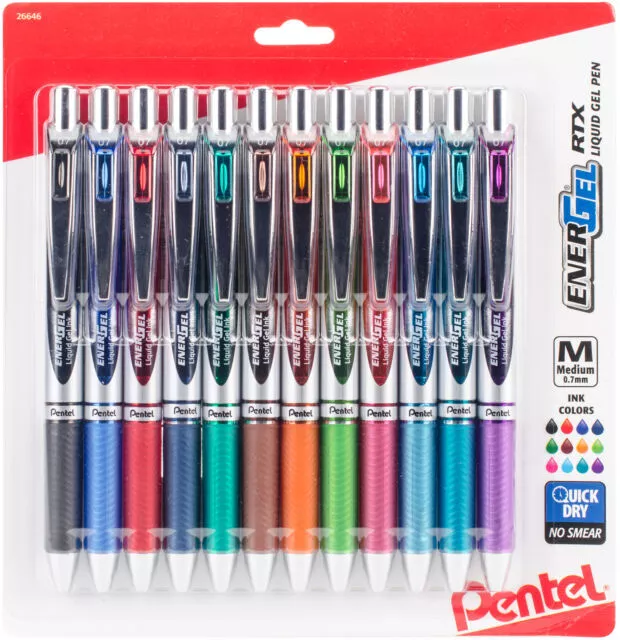 12 Pentel EnerGel RTX Retractable Liquid Gel Pens .7mm Med Assorted Ink Colors