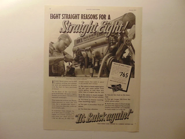 1937 BUICK STRAIGHT EIGHT ENGINE and MECHANIC print ad