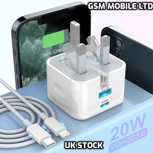 For iPhone 14 13 12 11 Pro XR XS  Fast Charging 20W USB-C PD Plug Charger Cable