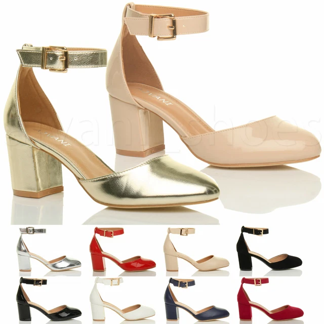 WOMENS LADIES LOW Mid Block Heel Ankle Strap Mary Jane Court Shoes