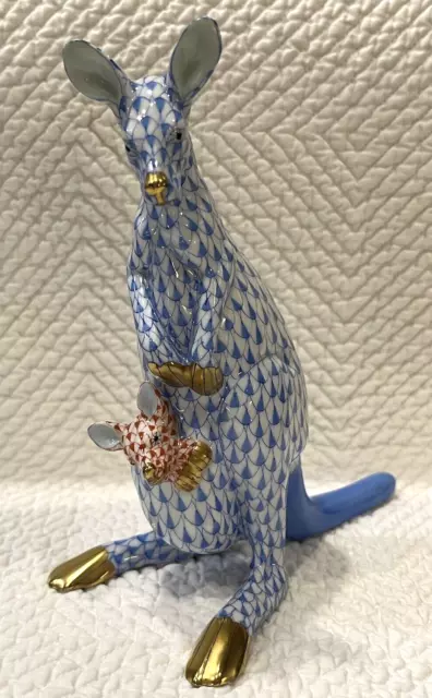 Herend Figurine - Kangaroo w/ Joey - Blue Fishnet