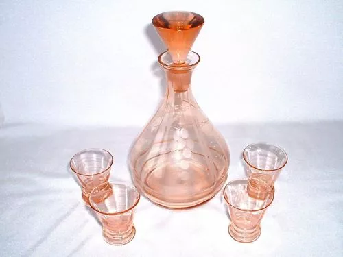 Jugenstil Likörkaraffe mit 4 Gläsern - Glaskaraffe / Decanter um 1910