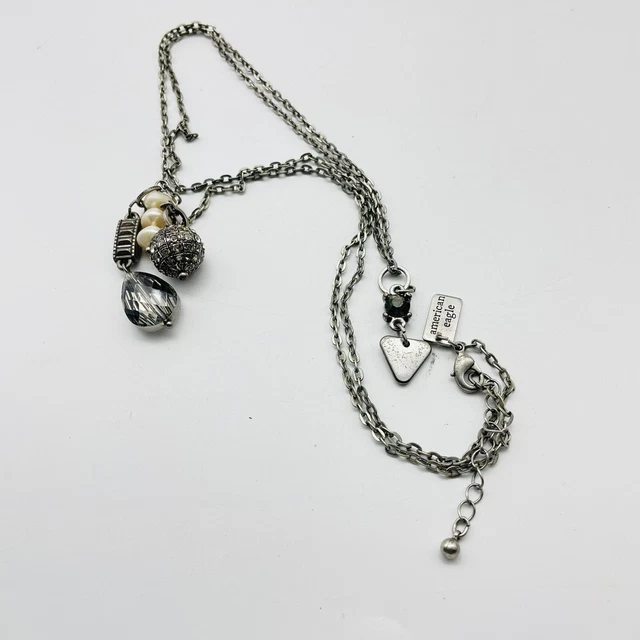 American Eagle Signed Charm Pendant Necklace Womens Silver Tone 32 Inch Pave