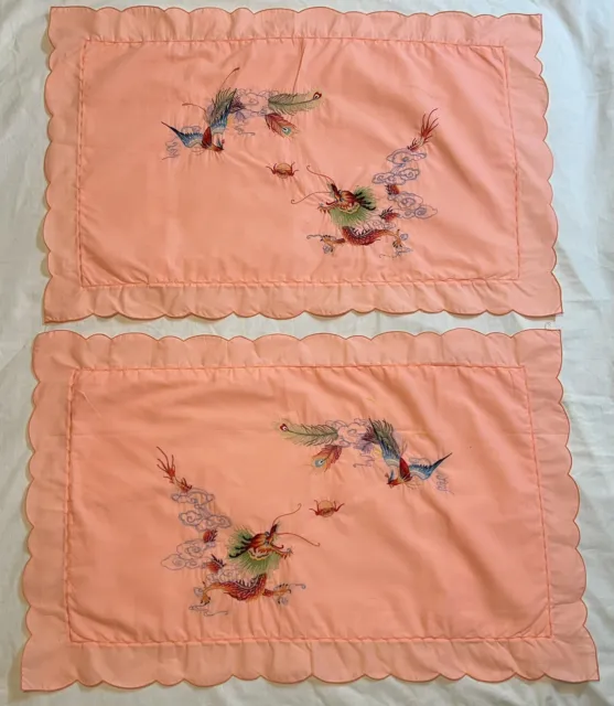 Set of 2 Retro Apricot Embroidered Dragons Pillow Cases - 45cm x 70cm