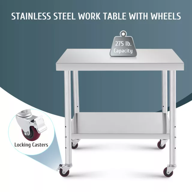 Commercial Stainless Steel Work Table Kitchen Table w Casters Undershelf 36"x30"