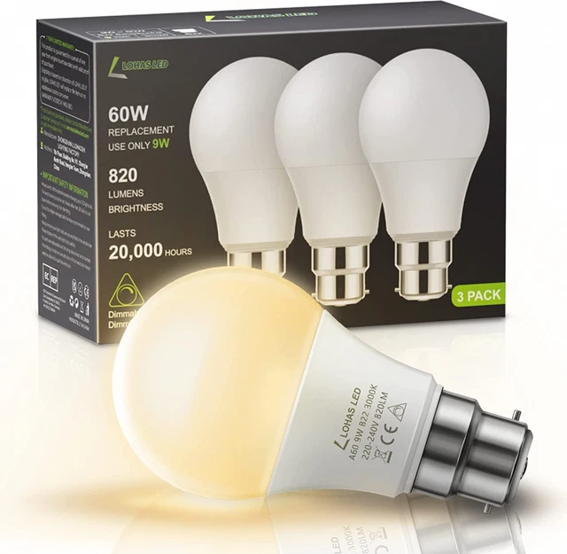 Lohas B22 LED Bajonett Lampe dimmbar, 9 W GLS Glühbirnen, 60 W...