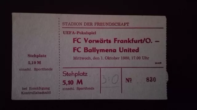 Original Ticket Vorwärts Frankfurt/O Ballymena United 1980 Uefa Cup Very Rare