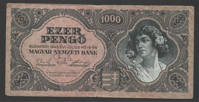 1000 PENGO VERY FINE  BANKNOTE HUNGARY  1945  PICK-118a WITHOUT STAMP