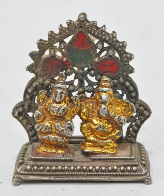 Antique Brass God Ganesha Laxmi Idol Figurine Original Old Hand Crafted Engraved