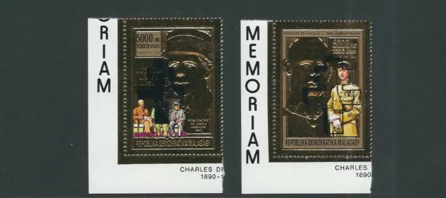 Madagaskar Circa 1990s Charles De Gaulle Set Mit 2 Hoher Wert Gold Folie Stempel