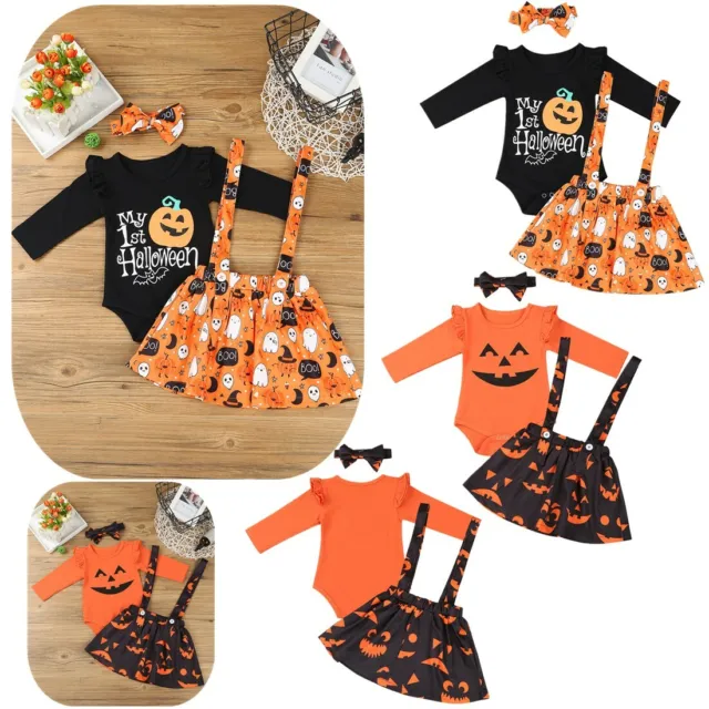 Newborn Baby Girls Romper Outfit Bodysuit + Skirt Cartoon Pumpkin Jumpsuit 3PCS