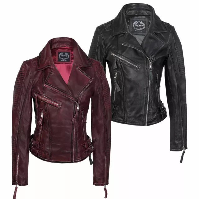 Ladies Womens Soft Real Leather Bike Jacket Classic Retro Zipped Style Slim Fit