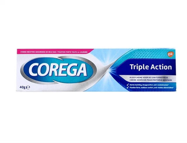 249,38 €/kg - confezione da 2 crema adesiva Corega cura protesica - triple action - 40 gr