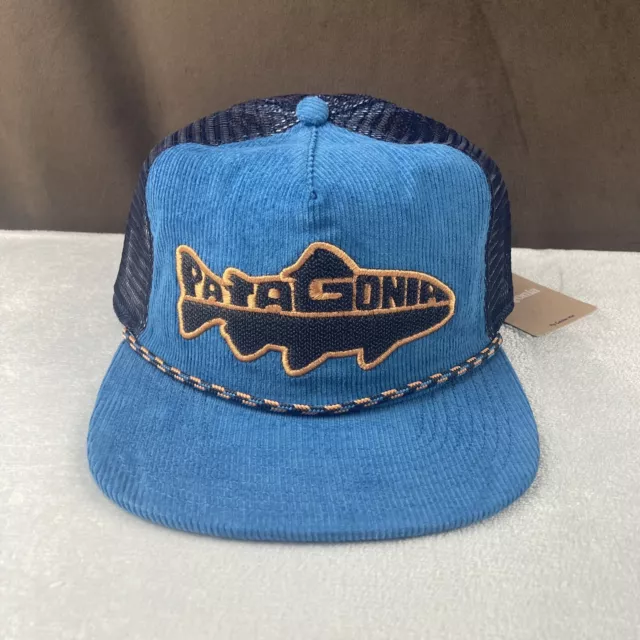 NEW w/ TAGS! Patagonia Fly Catcher Fish Waterline Blue Corduroy Mesh Trucker Hat
