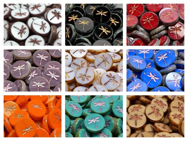 CHOOSE COLOR! 20 pcs Dragonfly Coin Beads 17 mm Czech Glass