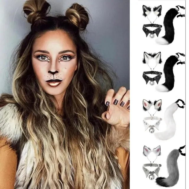 Cat Ears And Fox Animal Tail Cosplay Costume Faux Fur Hair Clip Headdress Set US