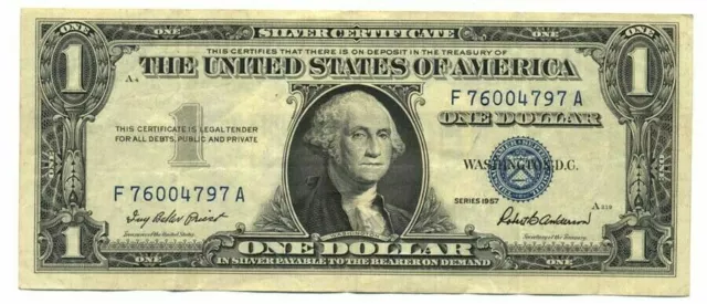 1957 SILVER Certificate One DOLLAR Note $1 F 76004797 A Circulated Blue Seal