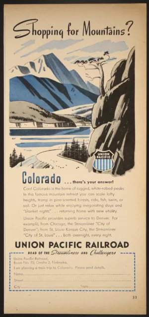 Union Pacific Railroad Colorado Mountains Streamliner Vintage Print Ad 1947