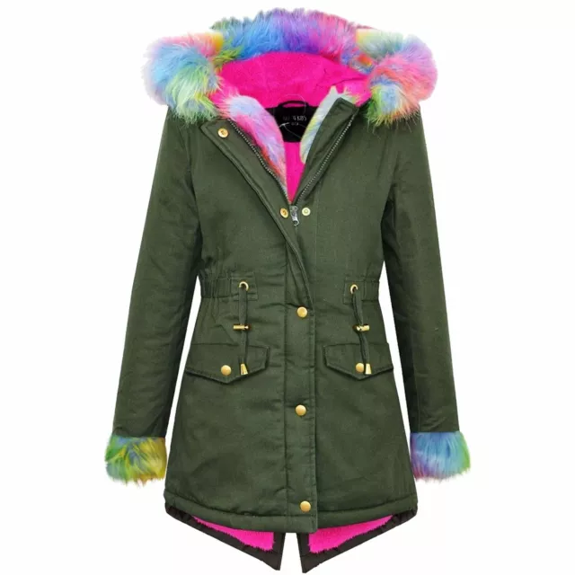 Kids Girls Rainbow Faux Fur Hooded Parka School Jackets Outwear Coats 5-13 Years