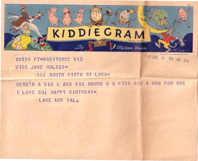 Western Union Kiddiegram, 1940, Nursery Character Header, Sent to LA from Wiscon