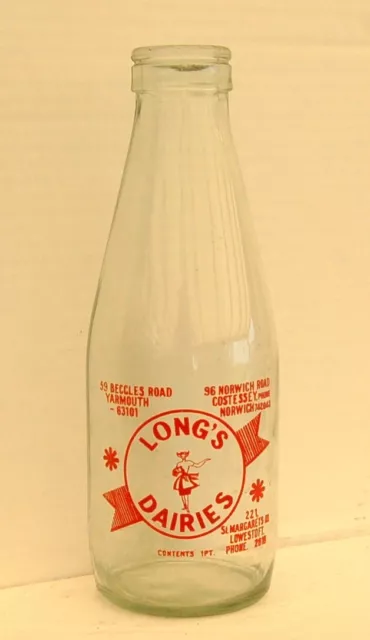 milk bottle : lovely Long's dairy : Gt. Yarmouth + Norwich + Lowestoft