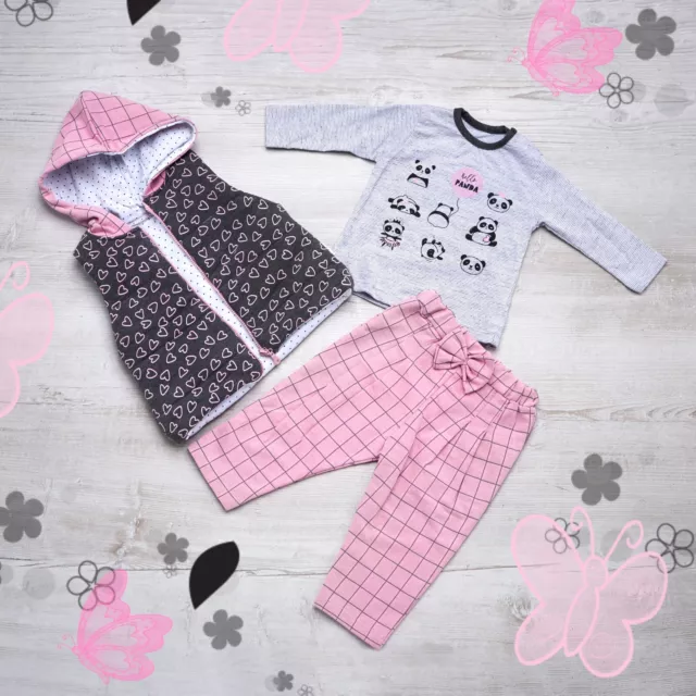 Baby Girl 3 Pieces Set Long Sleeve Top Plaid Pants and Hooded Vest Hearts FR9089