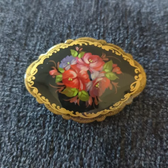 Black Lacquer Russian Brooch Pin Hand Painted Floral Signed Vintage