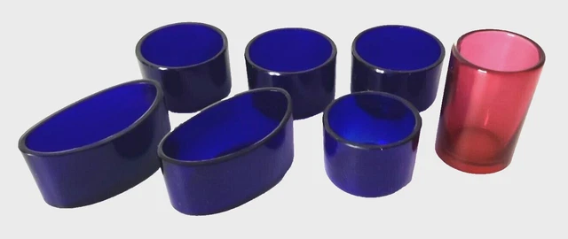 Salt Mustard Pot Glass Liner Bristol Cobalt Blue Pink Antique 1920s Bundle of 7