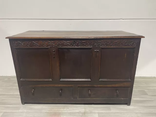 Antique Georgian 18th Century carved oak coffer or mule chest With Drawers