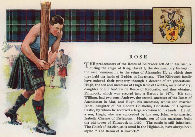 Rose. Scotland Scottish clans tartans arms 1957 old vintage print picture