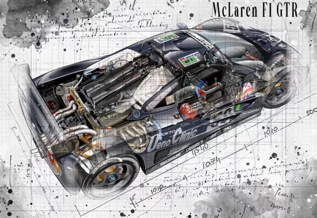 Line Tech Drawing  McLaren F1 GTR    Cutaway Art Poster Print