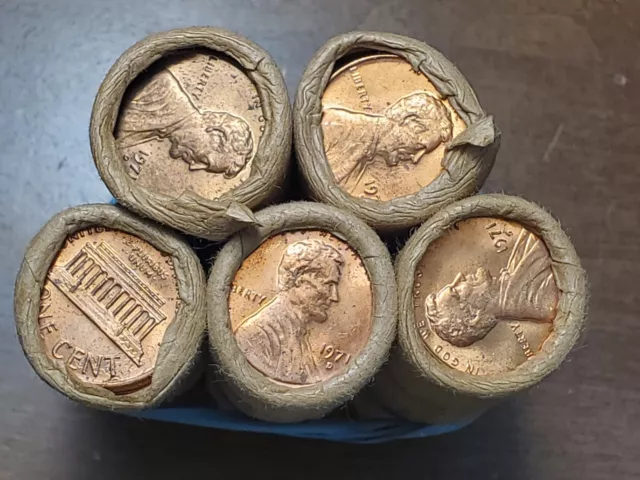 5 OBW Rolls (250) 1971 D Uncirculated Lincoln Memorial Cents