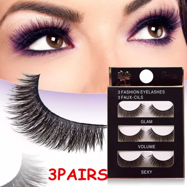 3Pairs Mink Hair False Eyelashes Extension Thick Cross Long Cilia Eye Lashes Am_