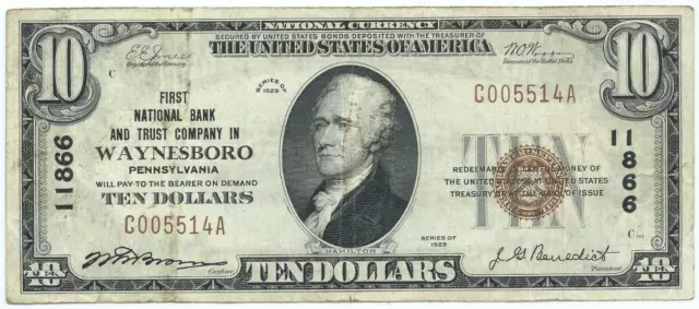 1929 $10 National Banknote = First National Bank & Trust Co In Waynesboro, Pa