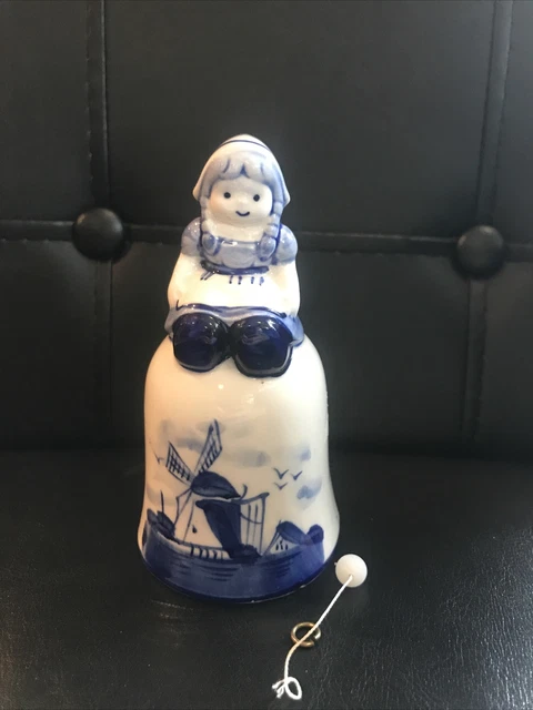 Delft Blue Hand Painted Dutch Girl and Windmill Bell