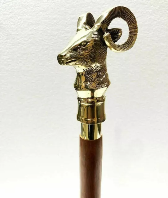 Antique Solid Brass Goat Head Handle Vinage Brown Wooden Walking Stick Cane Gift