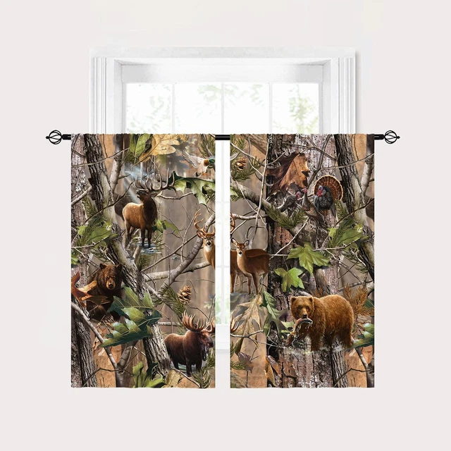 Rustic Blackout Curtains, Camouflage Hunting Deer Elk Bird Realtree Retro
