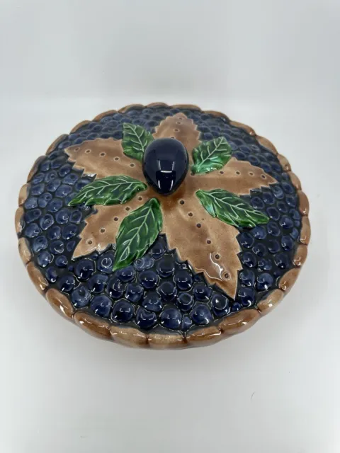 Vtg Majolica Blueberry Pie Keeper With Lid Party Serving Dish MCM Portugal