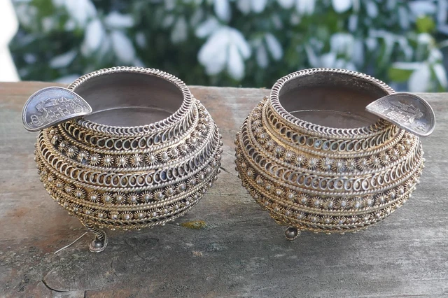 Pair Of Antique Spanish Gold Washed Silver Individual Ashtrays -Ant. Coin Design