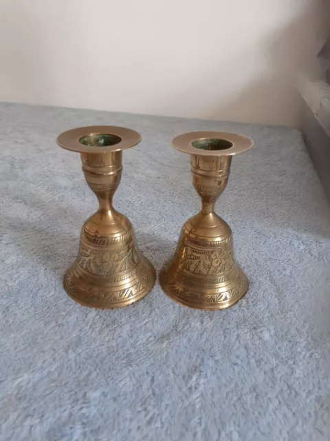 Vintage Pair of Etched Brass Bell Candlesticks of India very beautiful items ⭐⭐